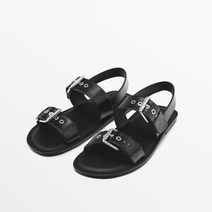 NWT. Massimo Dutti Black Leather Flat Slider Sandals with Buckles. Size 8.